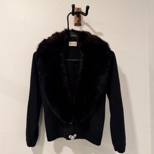 Vintage Black Faux Fur Trim Cardigan Sweater | Classic Retro Style